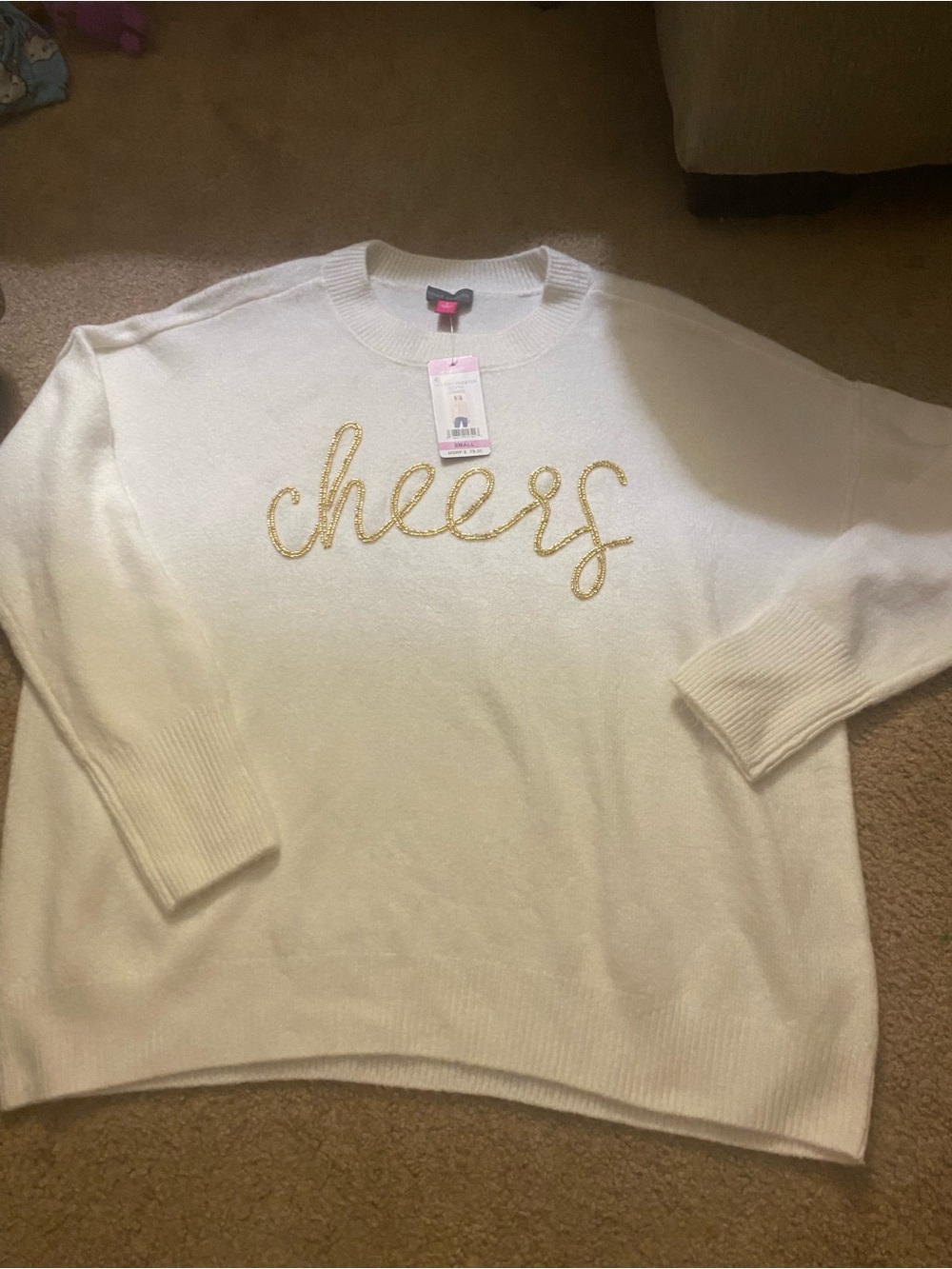Vince Camuto Ivory Cheers Beaded Holiday Sweater NWT Small